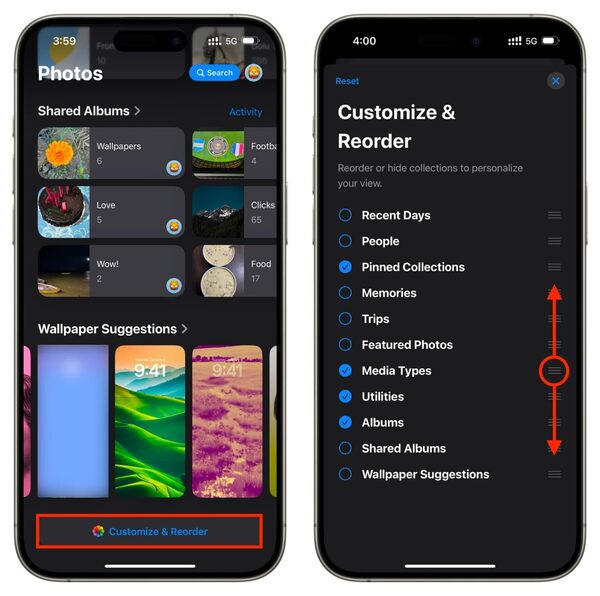 مرتب سازی بخش های گالری تصاویر آیفون