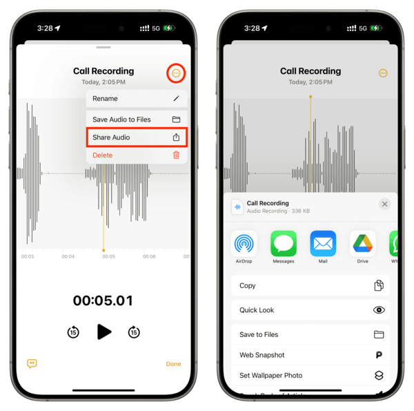 ارسال تماس های ضبط شده در آیفون ۱۶