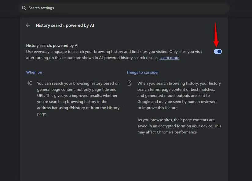 فعال کردن جستجوی تاریخچه هوش مصنوعی گوگل کروم