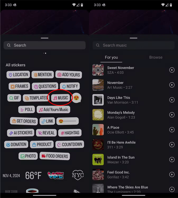 اضافه کردن موسیقی به استوری اینستاگرام