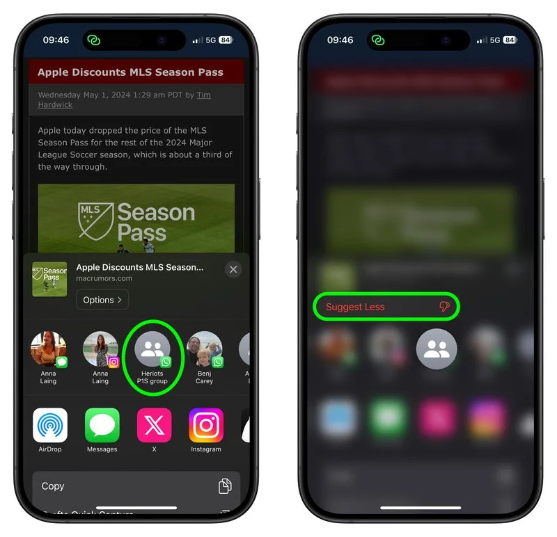 تنظیمات منوی اشتراک گذاری مخاطبین ایفون