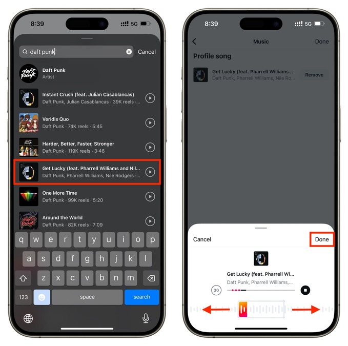 انتخاب آهنگ پروفایل اینستاگرام