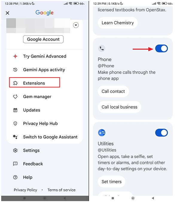 فعالسازی افزونه تلفن در جمینی (gemini)