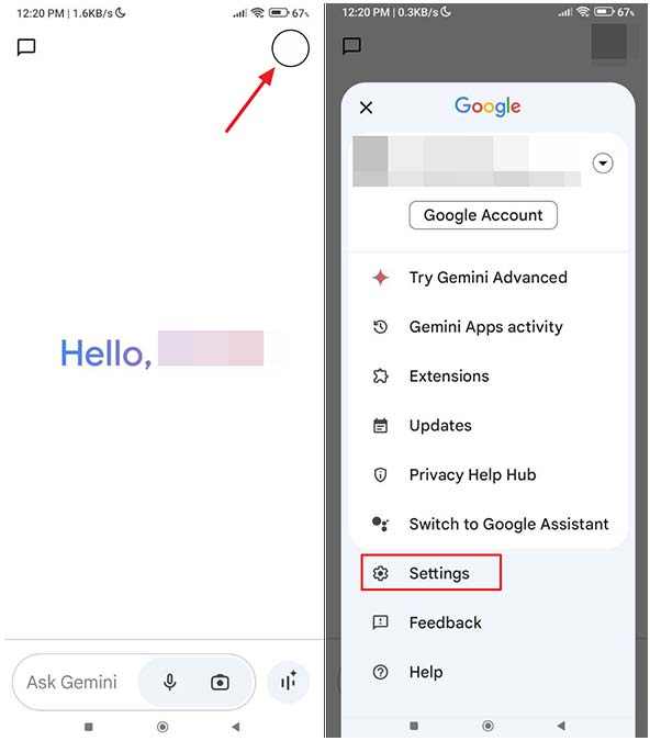تنظیمات gemini در اندروید