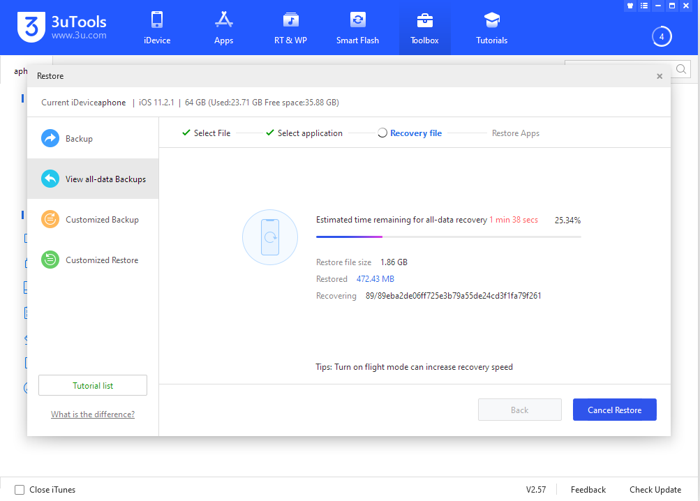 ریستور بکاپ آیفون با 3uTools مرحله سوم