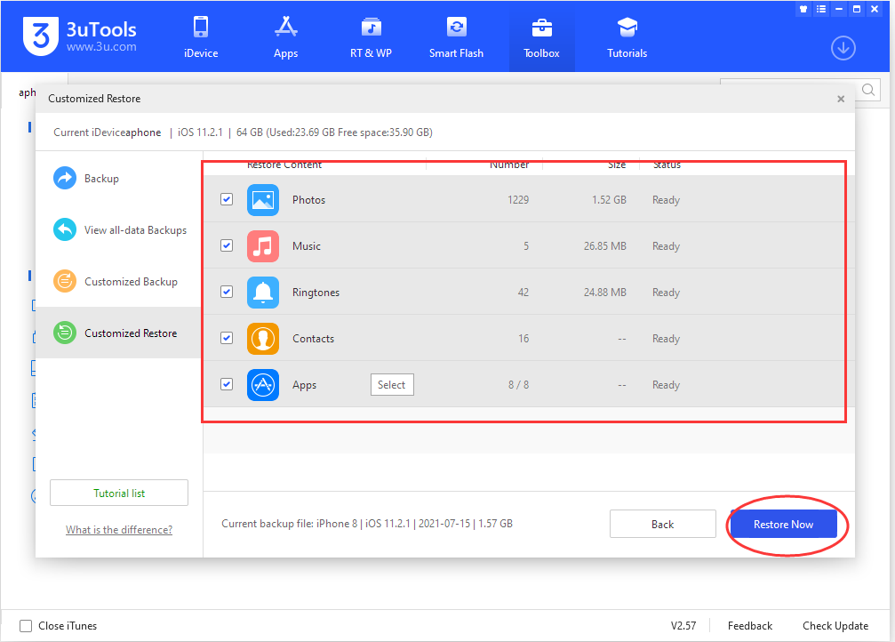 ریستور بکاپ شخصی شده آیفون با 3uTools مرحله دوم