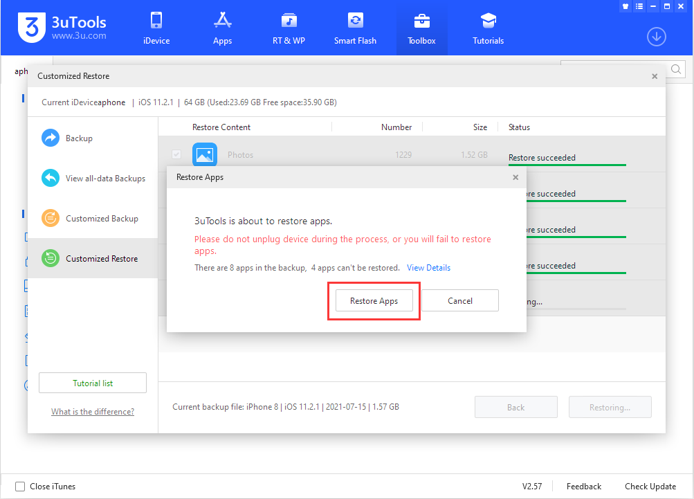 ریستور بکاپ شخصی شده آیفون با 3uTools مرحله چهارم