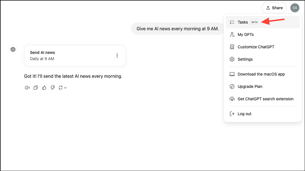 آموزش استفاده از ویژگی تسک در چت جی پی تی قدم چهارم