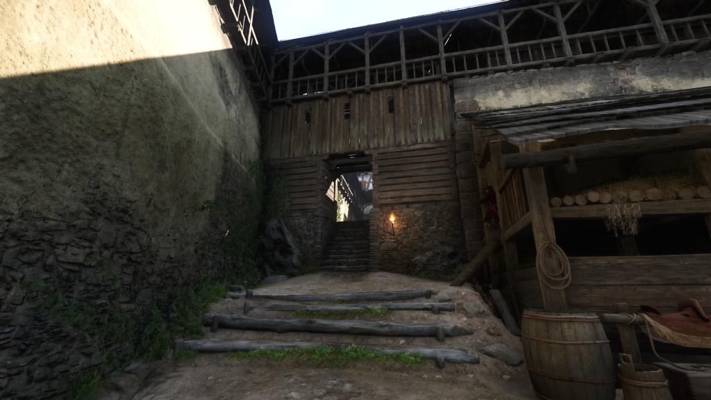 ورود از دروازه قوسی سمت چپ حیاط Kingdom Come Deliverance 2