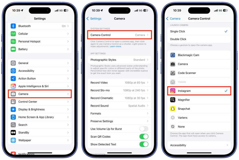 تنظیم Camera Control برای باز کردن یک برنامه دیگر