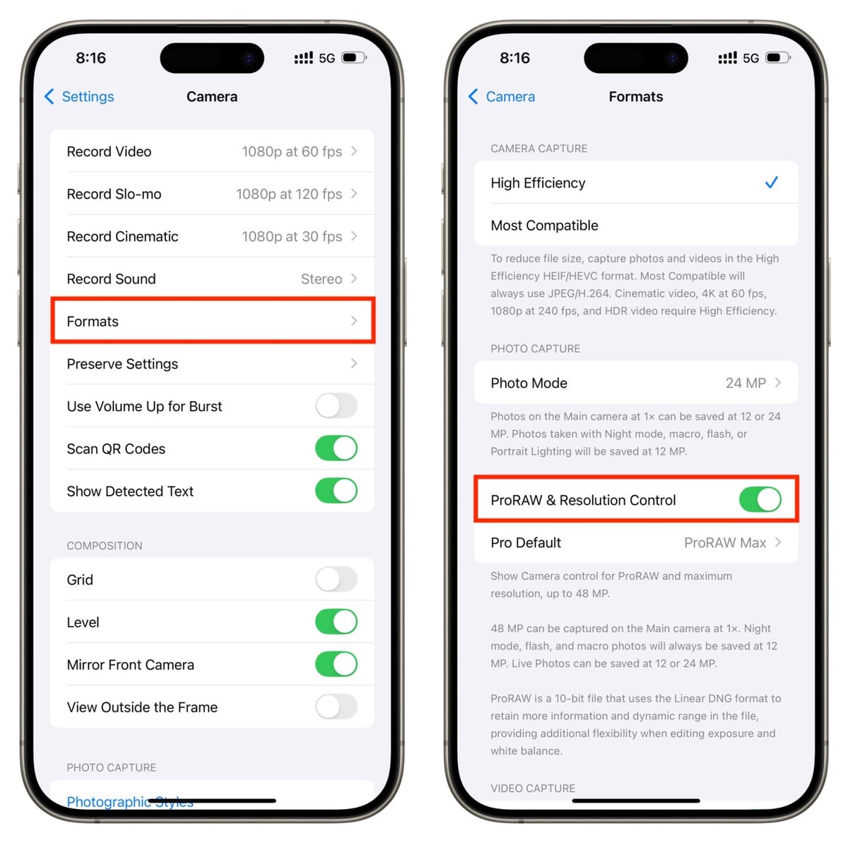 تنظیم گرفتن عکسهای ProRAW در آیفون