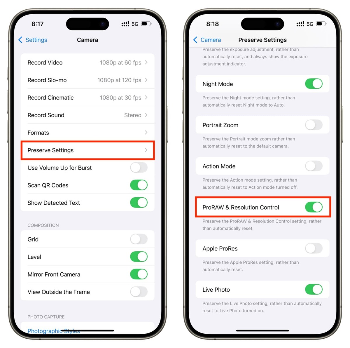 ذخیره تنظیمات ProRAW در آیفون