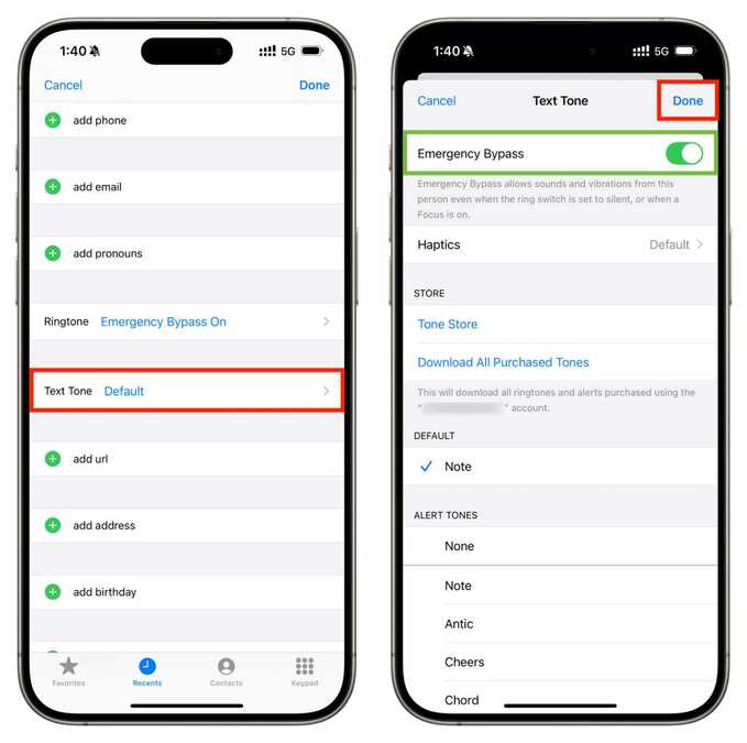 تنظیم صدای پیامک Emergency Bypass