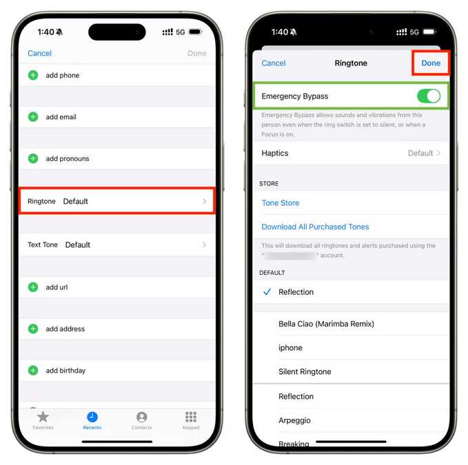 تنظیم صدای زنگ تماس در Emergency Bypass