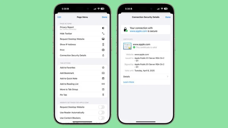 جزئیات امنیتی اتصال در Safari