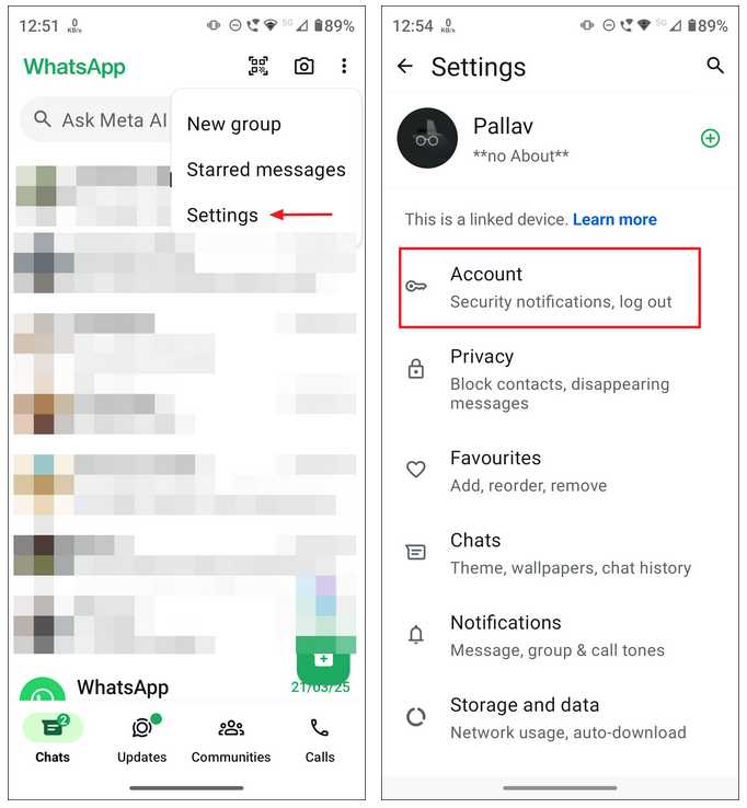 تنظیم passkey در واتساپ مرحله اول