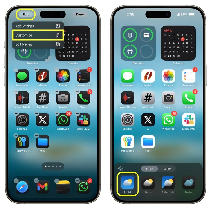 انتخاب حالت Light برای آیکون‌ها در آیفون