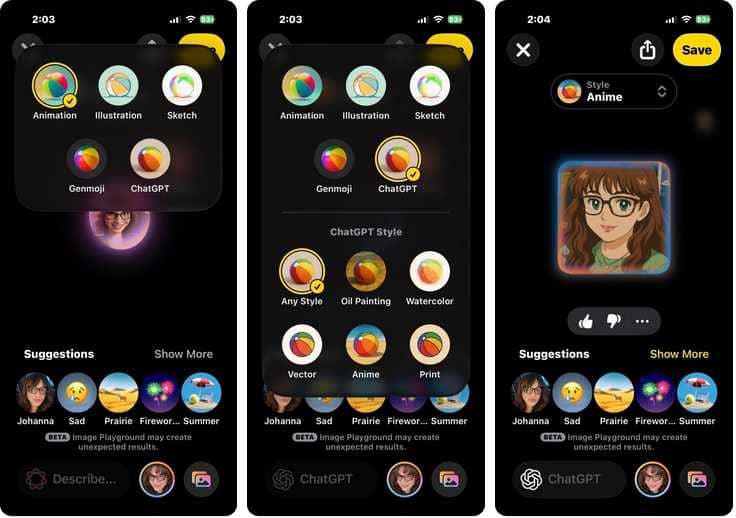 استایل‌های ChatGPT در apple image playground