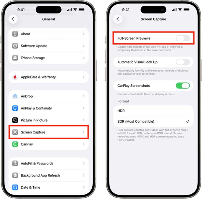 غیرفعال کردن پیش‌نمایش تمام صفحه در تنظیمات iOS 26