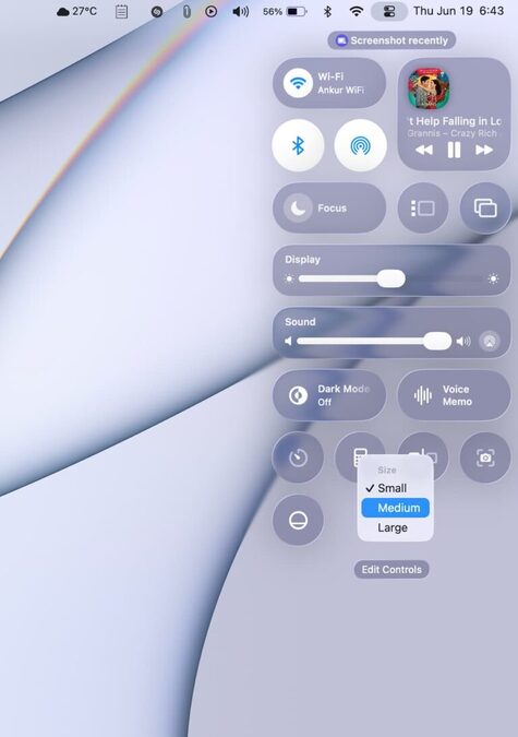 تغییر اندازه دکمه های کنترل سنتر macOS Tahoe 26