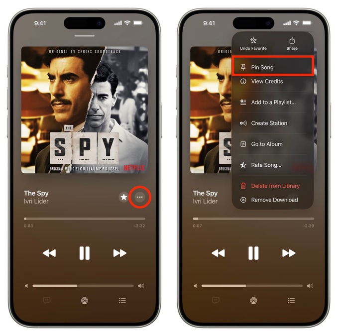 پین آهنگ از طریق صفحه پخش Now Playing