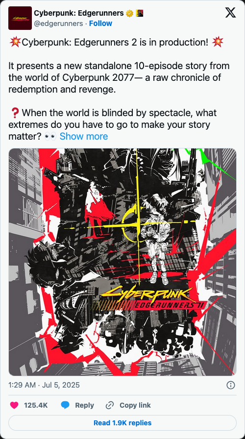 انیمه Cyberpunk Edgerunners 2 در راه است