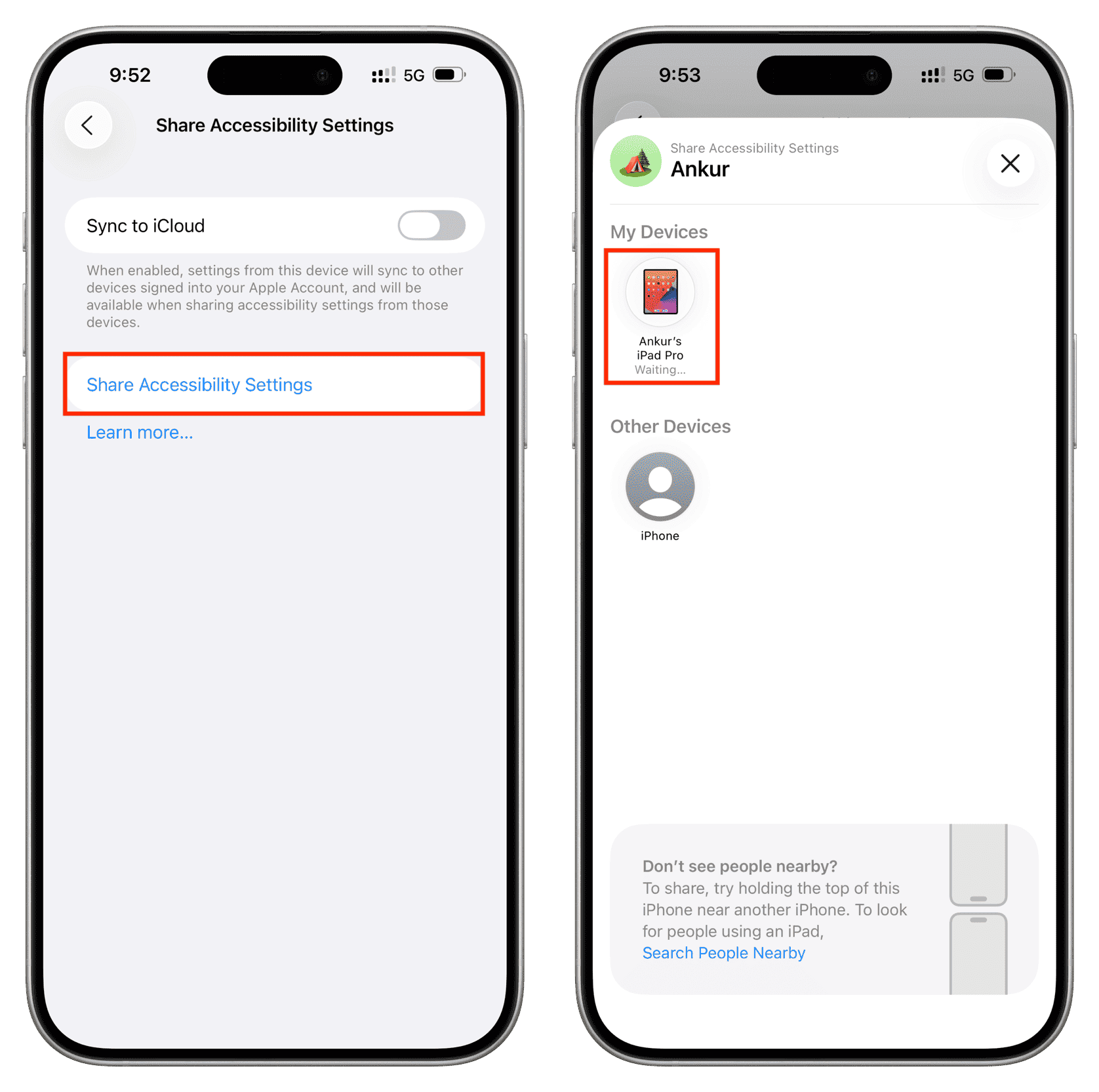 تنظیم اشتراک گذاری دسترسی پذیری آیفون مرحله یک