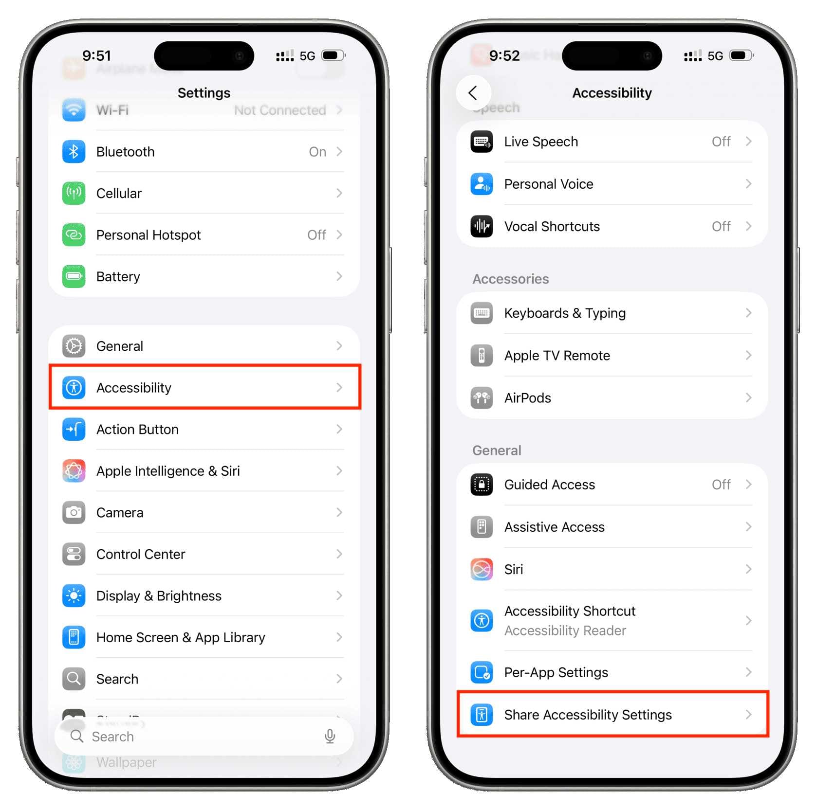تنظیم اشتراک گذاری دسترسی پذیری آیفون مرحله یک