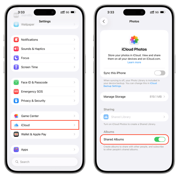 فعال‌سازی Shared Albums در تنظیمات iCloud