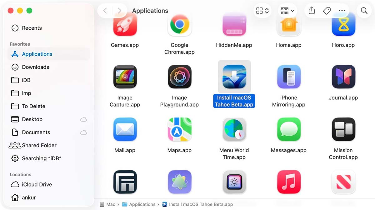 فایل نصب macos در پوشه اپلیکیشن مک
