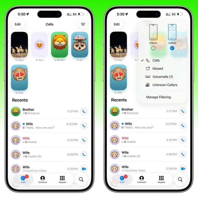 طراحی جدید و ساده‌تر اپ تماس آیفون