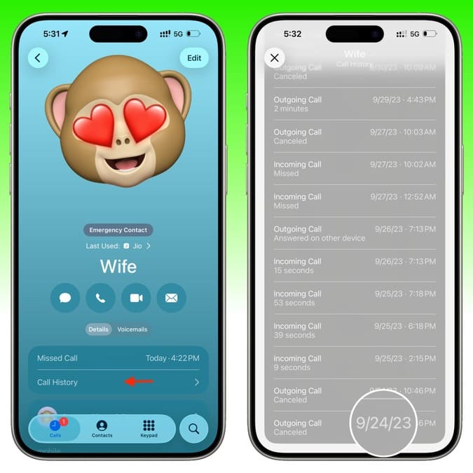 مشاهده تاریخچه تماس‌های طولانی‌تر