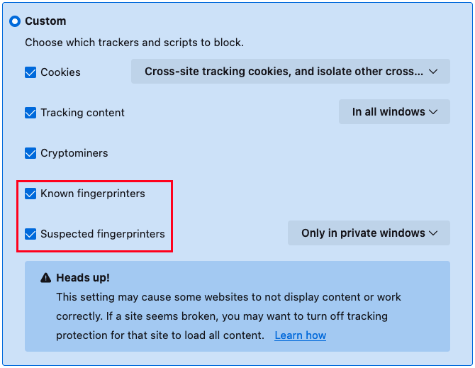 تنظیمات امنیتی fingerprinting در فایرفاکس