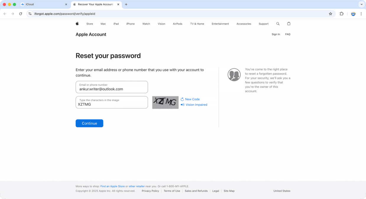 ریست کردن رمز اپل آیدی مرحله اول