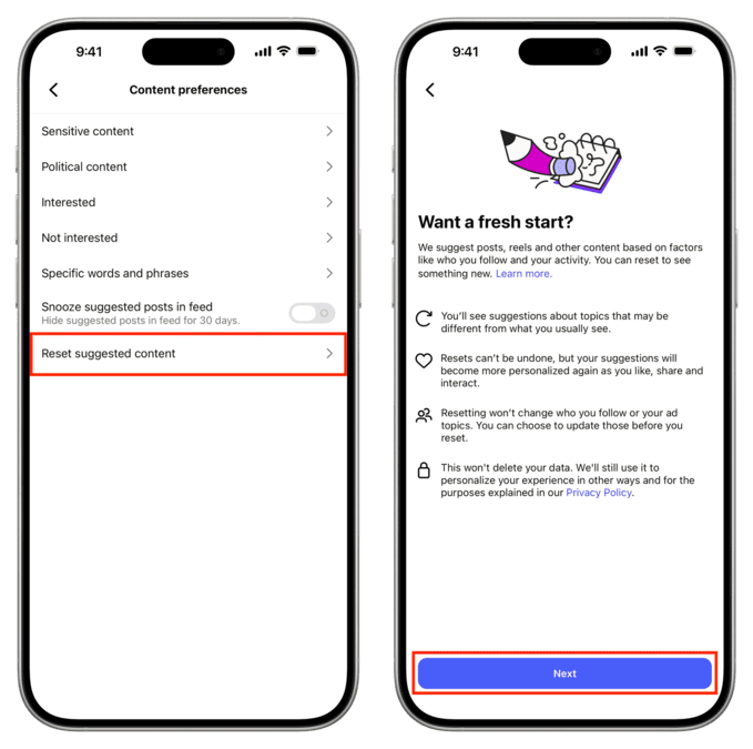 آموزش ریست کردن پیشنهادهای محتوای اینستاگرام مرحله دوم