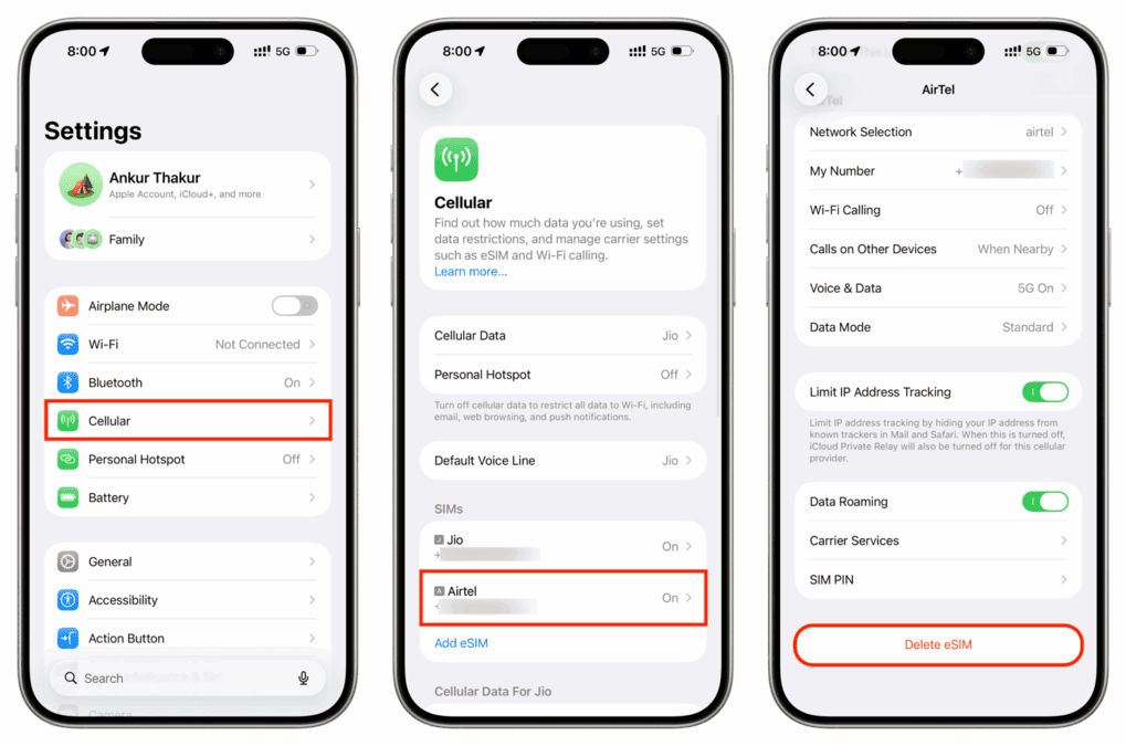 حذف سیم‌کارت فیزیکی یا eSIM در آیفون