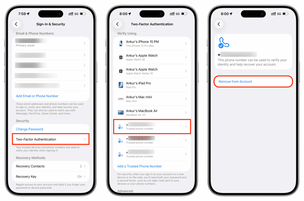حذف شماره از ورود دو مرحله‌ای آیفون