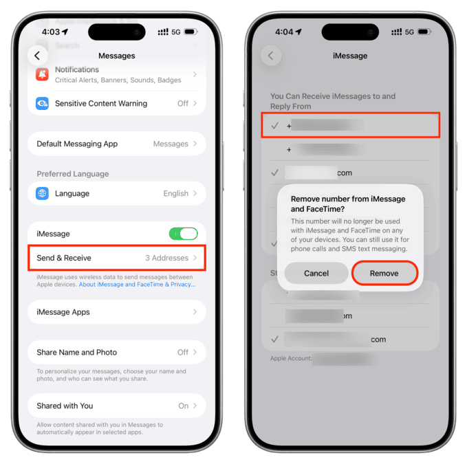 حذف شماره از iMessage در آیفون