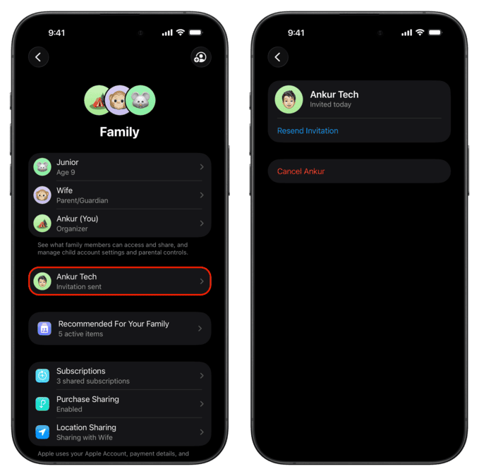 ارسال مجدد یا لغو دعوت در Family Sharing