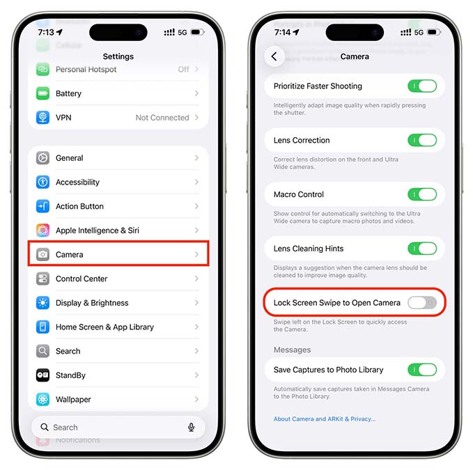 غیرفعالکردن باز شدن دوربین در iOS 26
