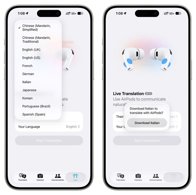 تغییر زبان ترجمه در live translation اپل